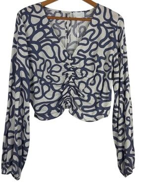 Every Navy & Cream Ruched V-Neck Long Sleeve Top NWT Size small